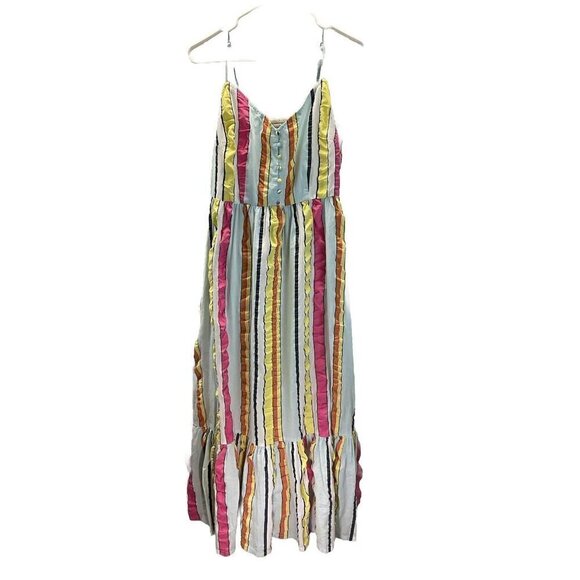 NEW J CREW Tiered MIDI Sun‎ Dress Sleeveless Striped Colorful Size 12 - Picture 1 of 13